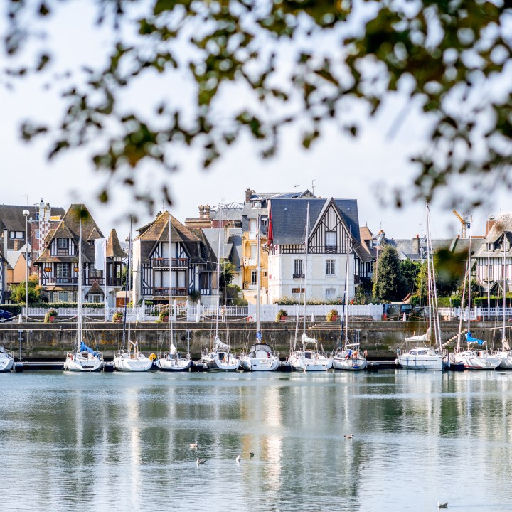 Landscape view of beautiful marine with yachts and buildings in Deauville town in France